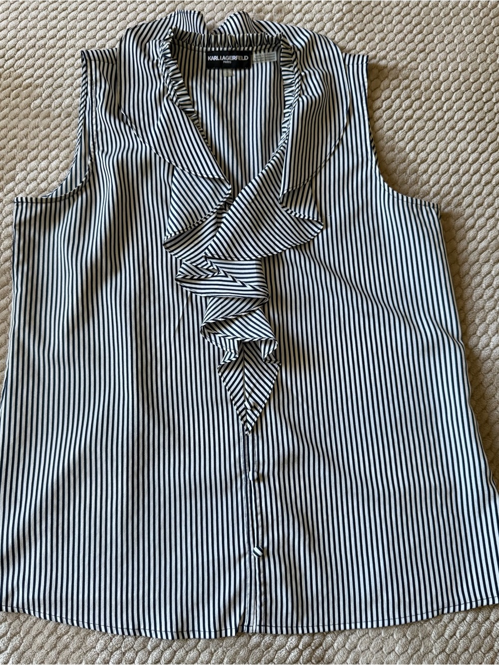 Karl Lagerfeld Navy and White Striped Ruffle Blouse